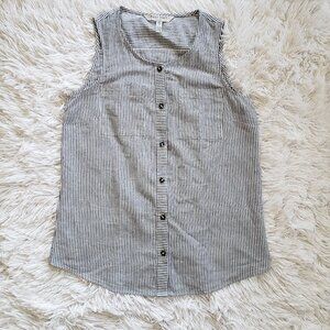 Ellen Tracy Tank Top Blouse Blue White Stripe Linen Cotton Size L Coastal Beachy